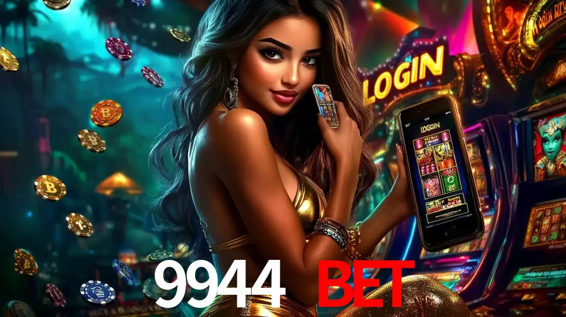 Mulher em um cenário de cassino temático de aventura, mostrando o app de caça-níqueis da 9944 BET no celular. Fichas de apostas flutuam ao redor.