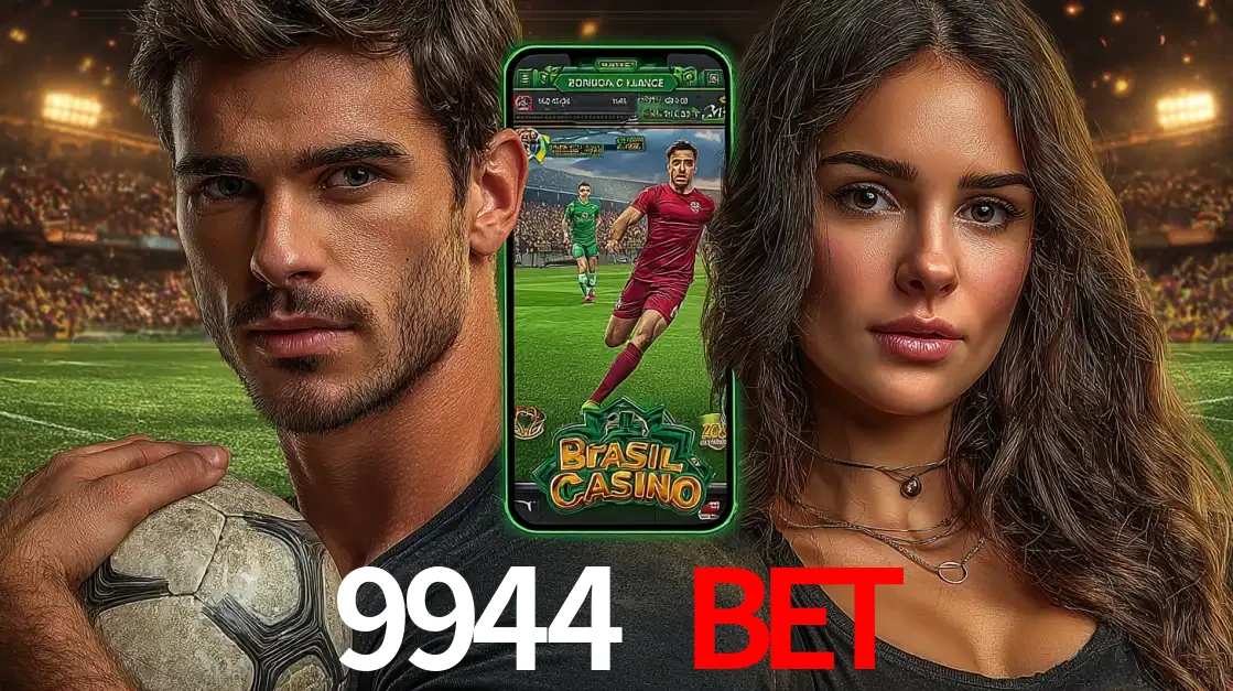 Homem segurando uma bola de futebol e uma mulher ao lado de um smartphone exibindo o jogo de apostas esportivas da 9944 BET. Faça seu palpite no cassino online.